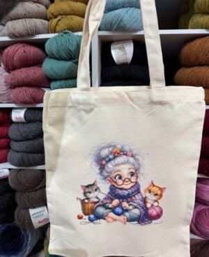Tote bag abuelita tejiendo con gatos